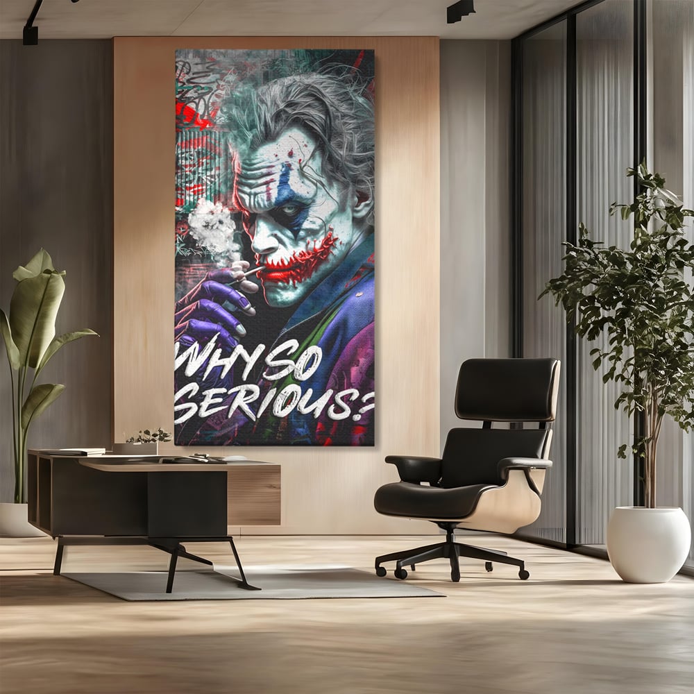 Tablou canvas cu tablou canvas cu jokerul fumand, fara rama, pe sasiu de lemn, pe perete intr-un birou